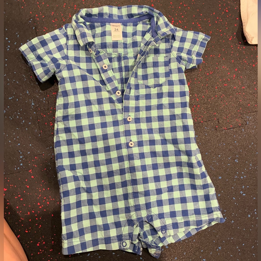 Teal and blue checkered collar romper 18 month